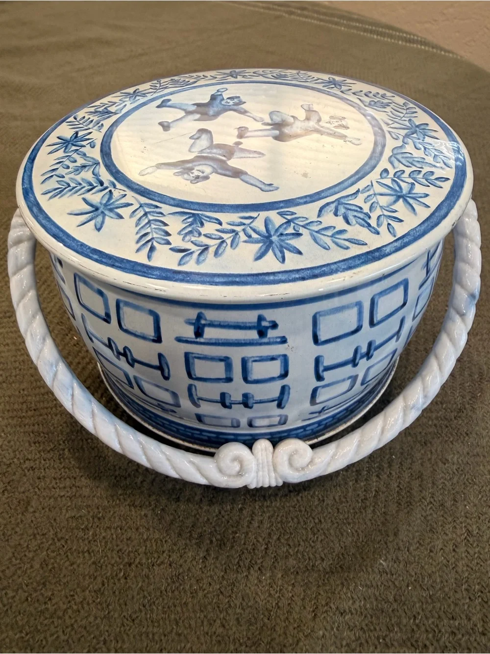 Vintage Blue and White Fricke & Nacke Chinoiserie Tin with Lid and Handle